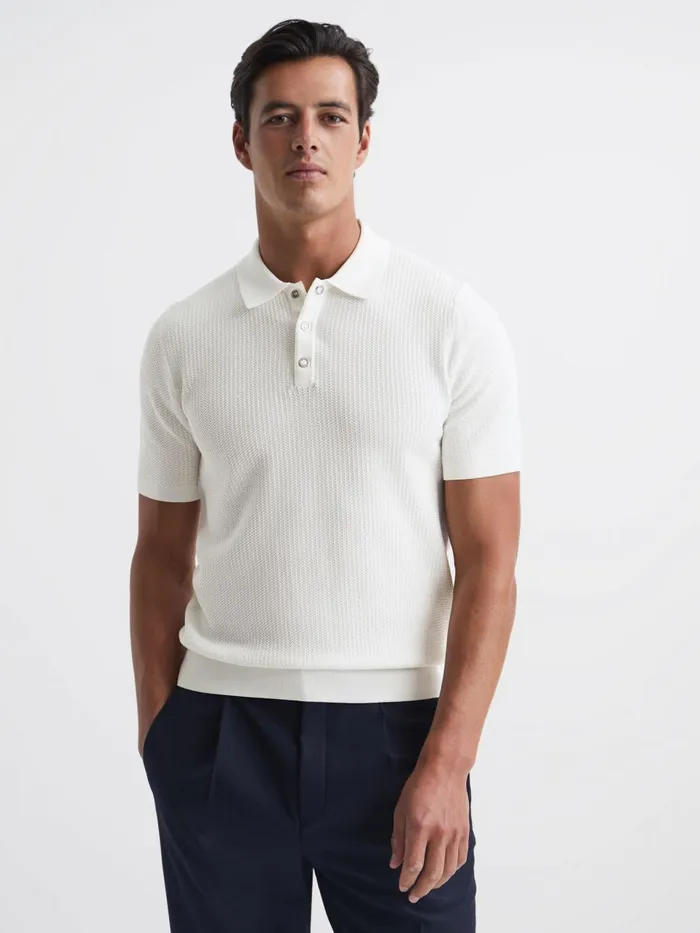 Men Bennie Press Stud Textured Polo Shirt Airforce Blue Reiss Knitwear