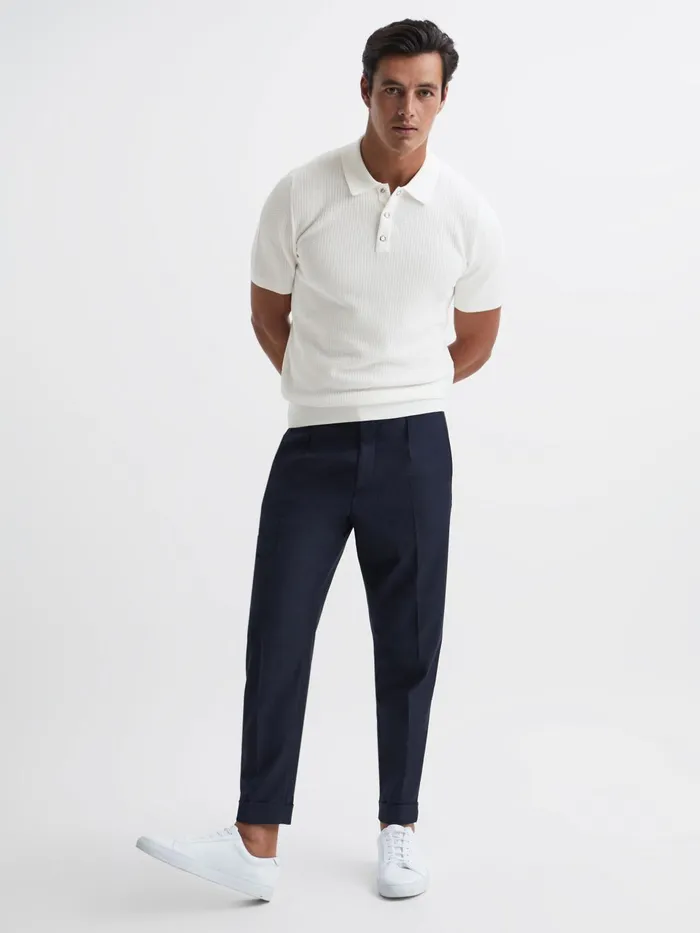 Men Bennie Press Stud Textured Polo Shirt Airforce Blue Reiss Knitwear