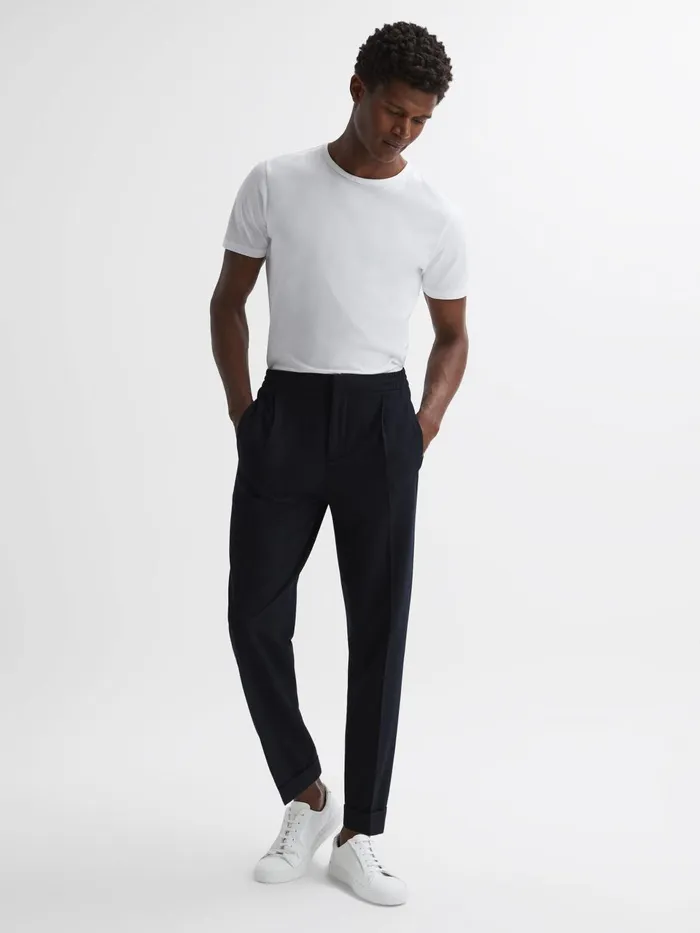 Men Berry Seersucker Elasticated Trousers Navy Reiss Trousers