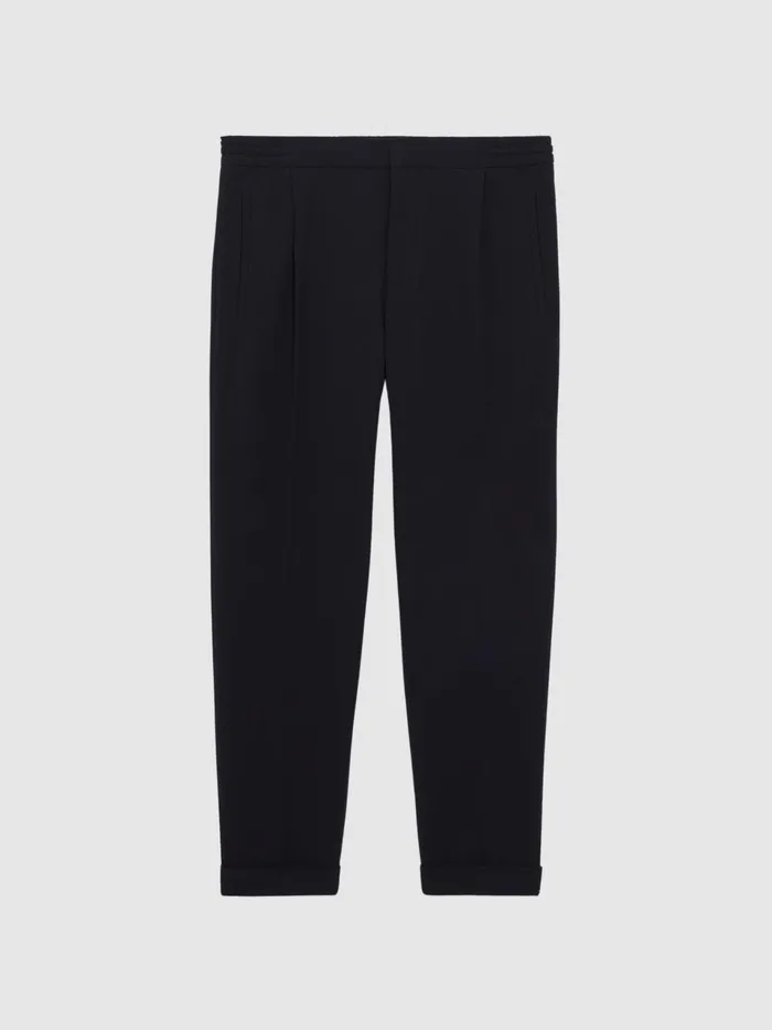 Men Berry Seersucker Elasticated Trousers Navy Reiss Trousers