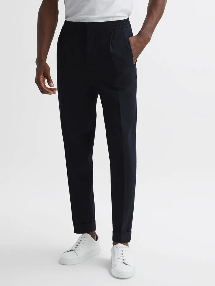 Men Berry Seersucker Elasticated Trousers Navy Reiss Trousers