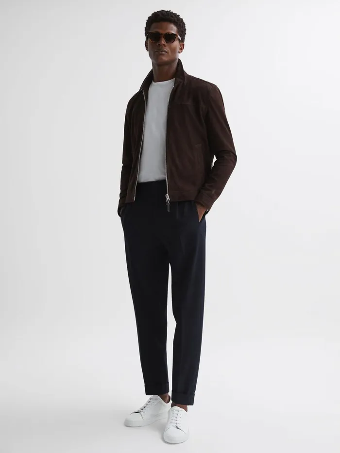 Men Berry Seersucker Elasticated Trousers Navy Reiss Trousers