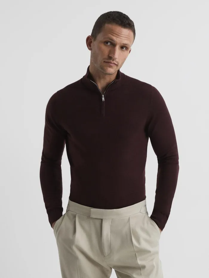 Men Blackhall Merino Wool Zip Neck Jumper Black Reiss Knitwear