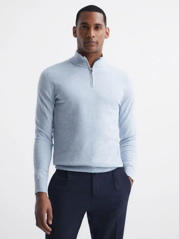 Men Bond Half Zip Funnel Neck Cotton Jumper Navy Reiss Knitwear