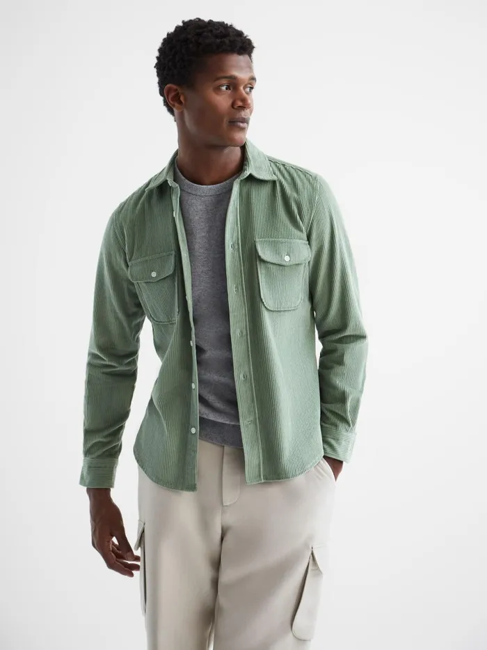 Men Bonucci Corduroy Twin Pocket Overshirt Sage Reiss Shirts