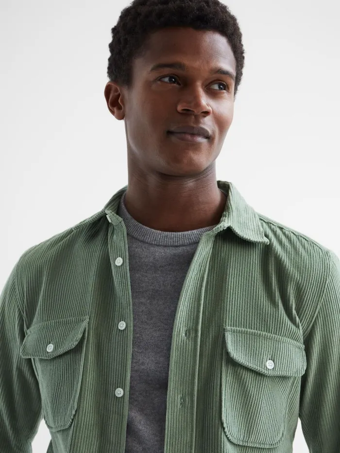 Men Bonucci Corduroy Twin Pocket Overshirt Sage Reiss Shirts