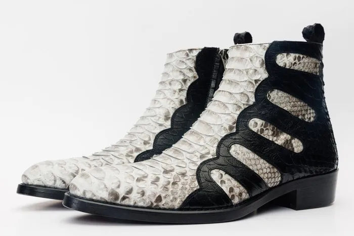 Men Boss Pythn Snk Black and Natural ZipUp Leather Boot Limited Edition Vinci Leather Best Sellers
