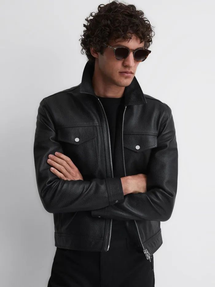 Men Carp Leather Zip Through Jacket Black Reiss Coats and Jackets