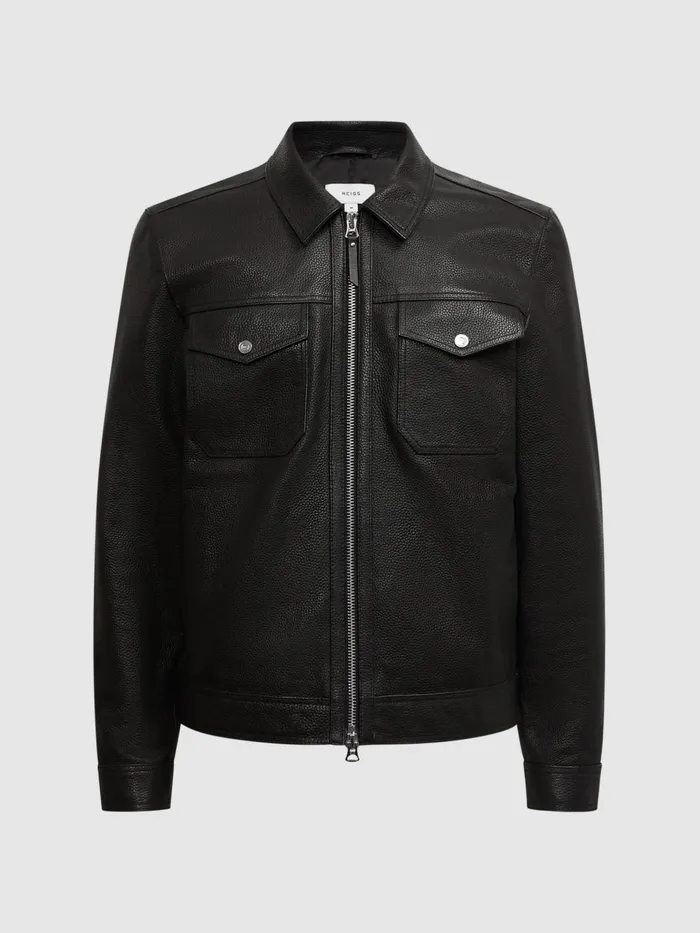 Men Carp Leather Zip Through Jacket Black Reiss Coats and Jackets