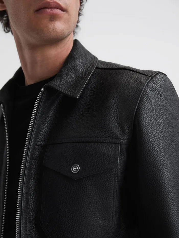 Men Carp Leather Zip Through Jacket Black Reiss Coats and Jackets