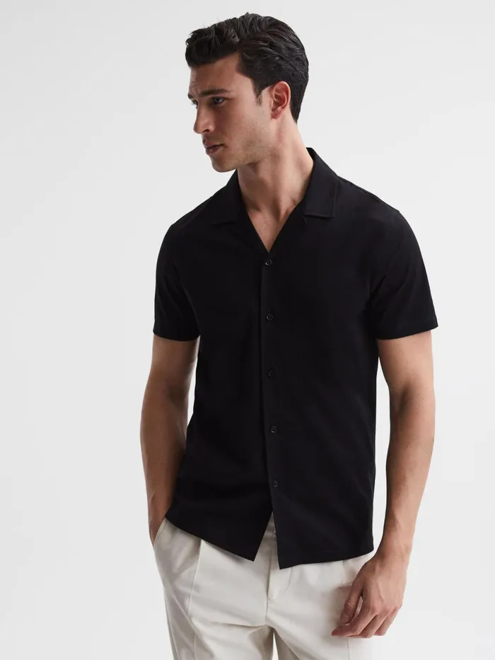 Men Caspa Mercerised Jersey Cuban Collar Shirt Black Reiss Shirts