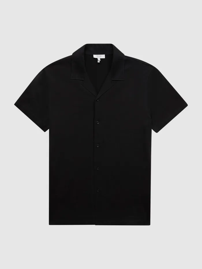 Men Caspa Mercerised Jersey Cuban Collar Shirt Black Reiss Shirts