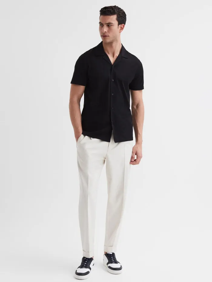 Men Caspa Mercerised Jersey Cuban Collar Shirt Black Reiss Shirts