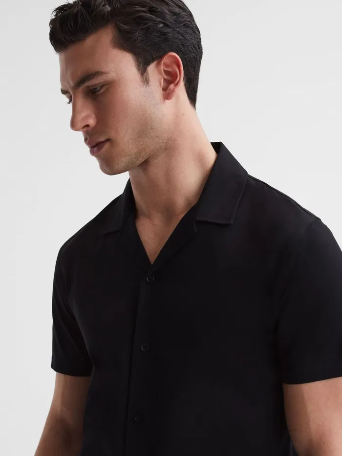 Men Caspa Mercerised Jersey Cuban Collar Shirt Black Reiss Shirts