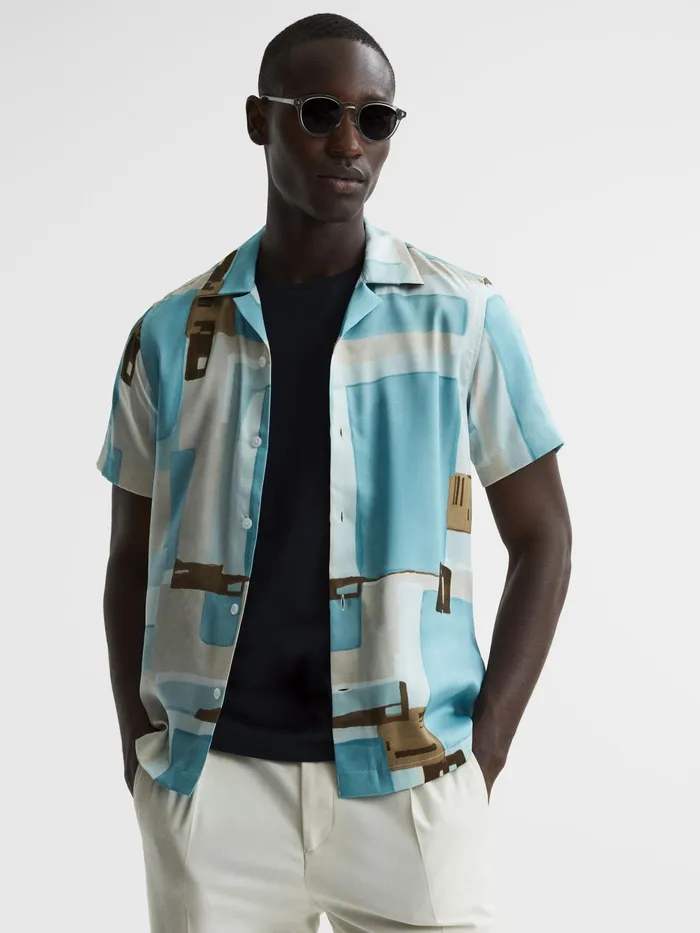 Men Deekay Cuban Collar Abstract Print Shirt Soft Blue Reiss Shirts