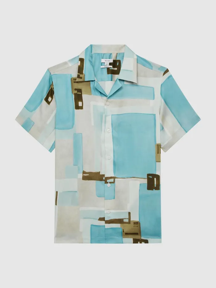 Men Deekay Cuban Collar Abstract Print Shirt Soft Blue Reiss Shirts