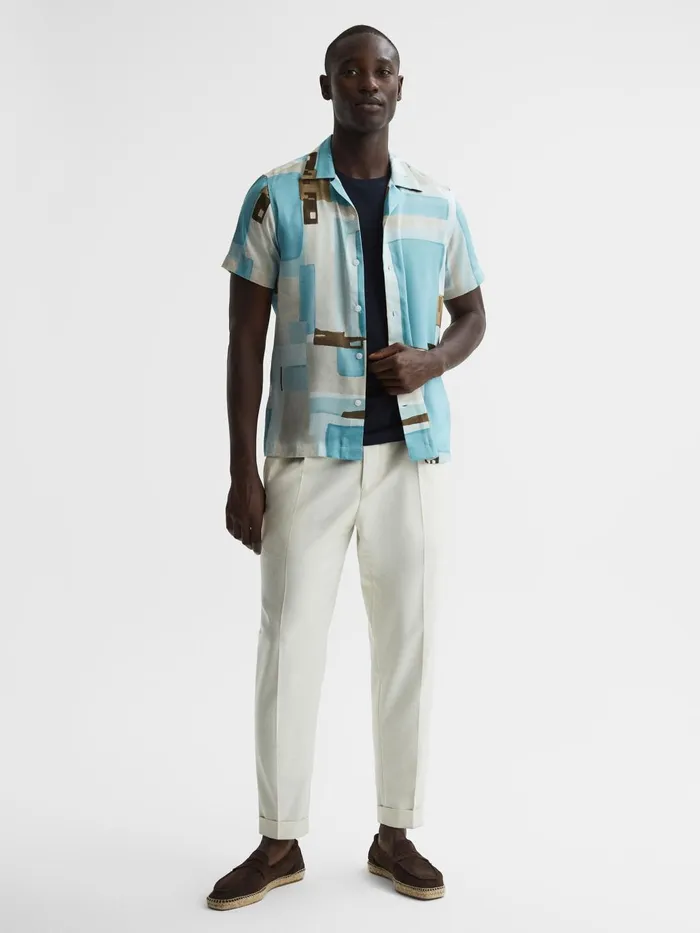 Men Deekay Cuban Collar Abstract Print Shirt Soft Blue Reiss Shirts