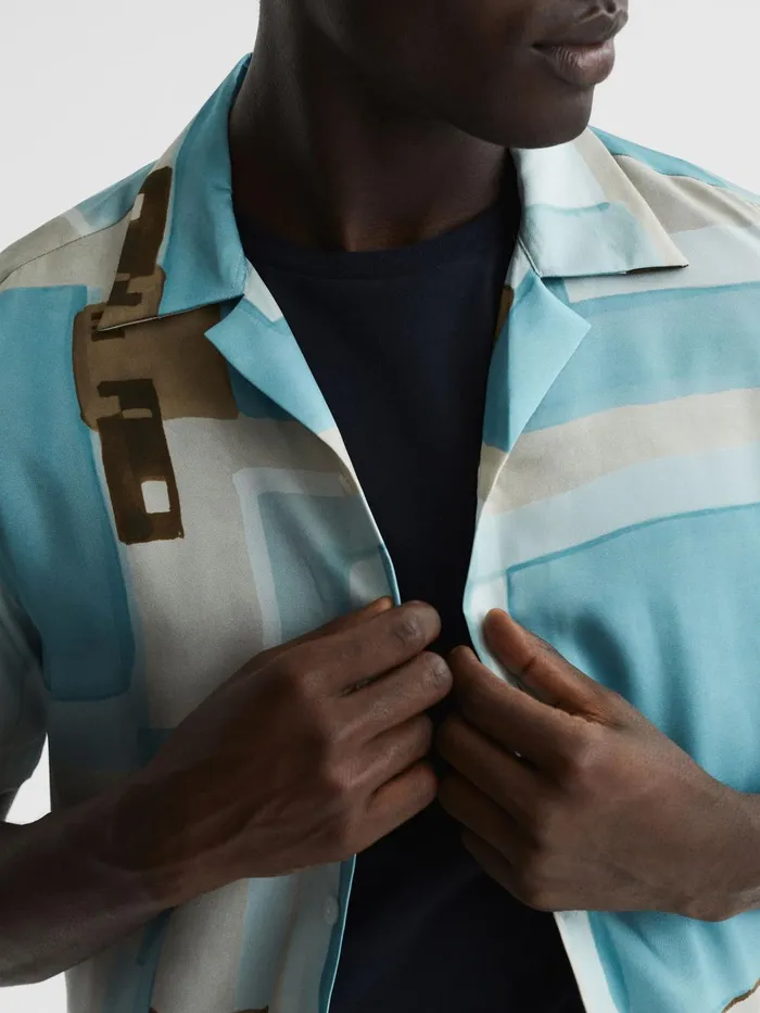 Men Deekay Cuban Collar Abstract Print Shirt Soft Blue Reiss Shirts