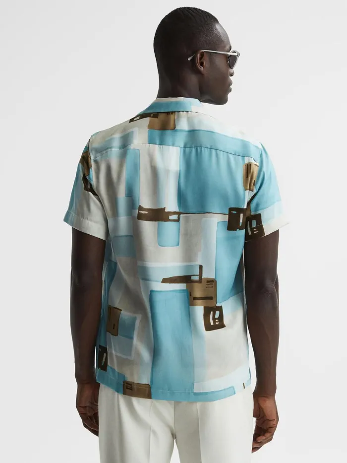 Men Deekay Cuban Collar Abstract Print Shirt Soft Blue Reiss Shirts
