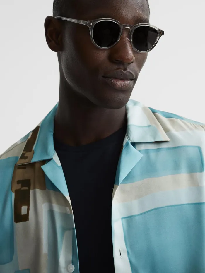 Men Deekay Cuban Collar Abstract Print Shirt Soft Blue Reiss Shirts