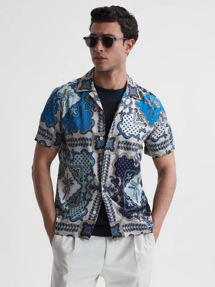 Men Eden Paisley Print Cuban Collar Shirt Blue Multi Reiss Shirts