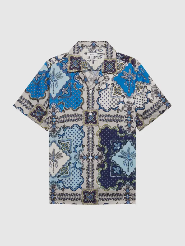 Men Eden Paisley Print Cuban Collar Shirt Blue Multi Reiss Shirts