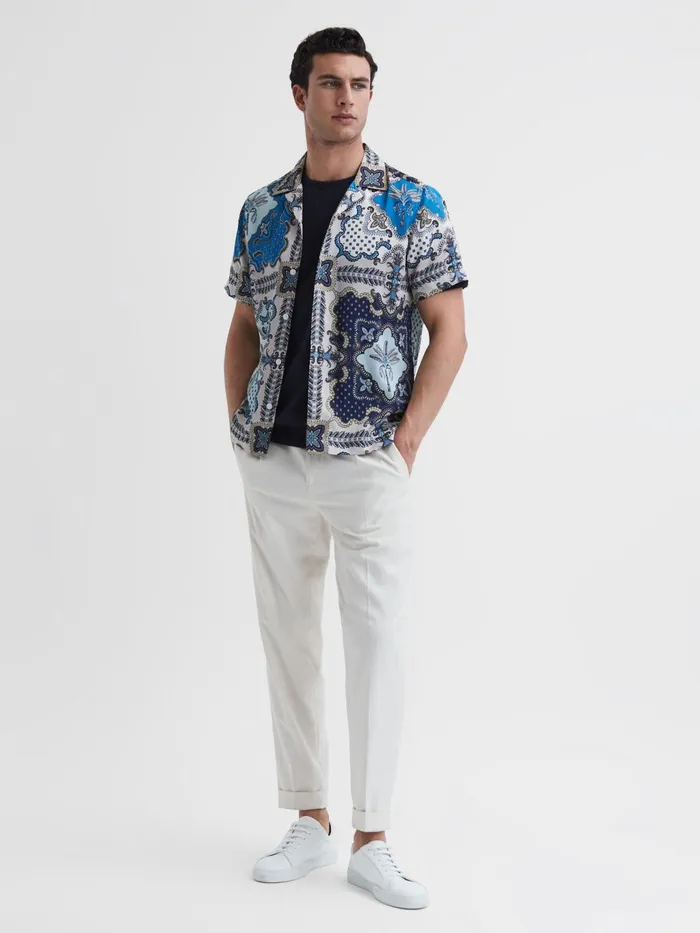 Men Eden Paisley Print Cuban Collar Shirt Blue Multi Reiss Shirts