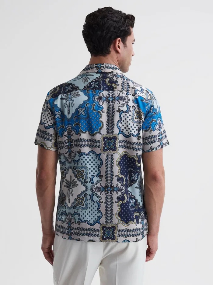Men Eden Paisley Print Cuban Collar Shirt Blue Multi Reiss Shirts
