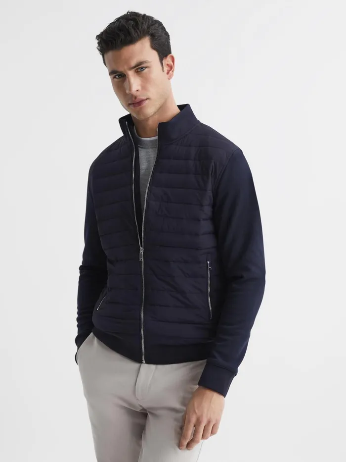 Men Flintoff Quilted Hybrid Jacket Navy Reiss Coats and Jackets