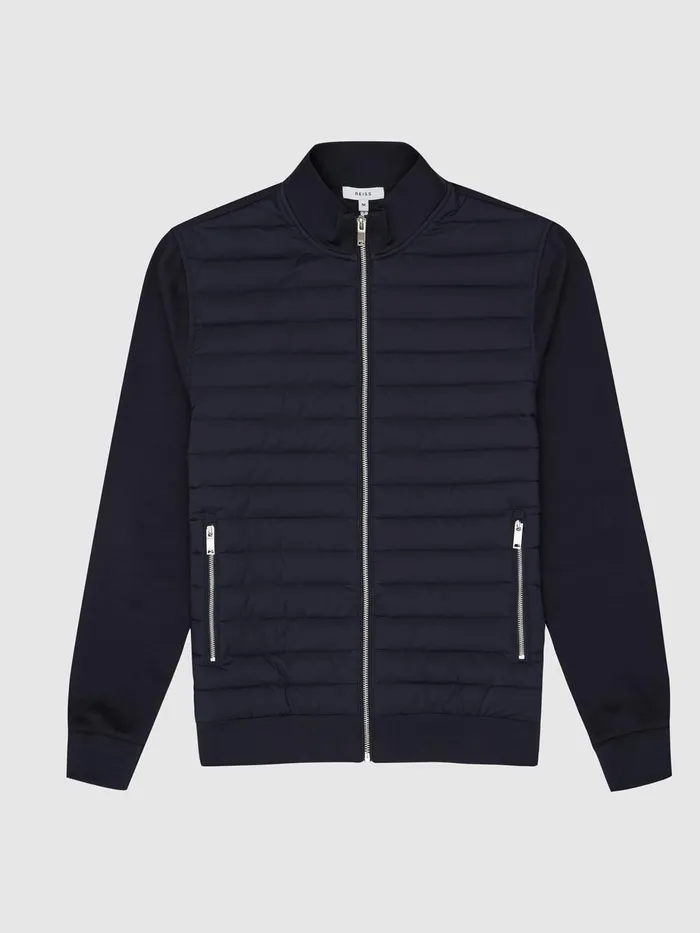Men Flintoff Quilted Hybrid Jacket Navy Reiss Coats and Jackets