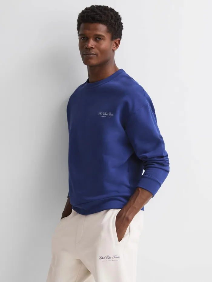 Men Hills Reiss Ch Motif Cotton Sweatshirt Bright Blue Reiss Sweats and Hoodies