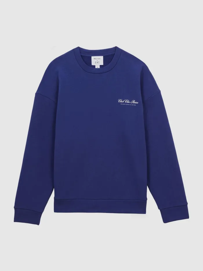 Men Hills Reiss Ch Motif Cotton Sweatshirt Bright Blue Reiss Sweats and Hoodies