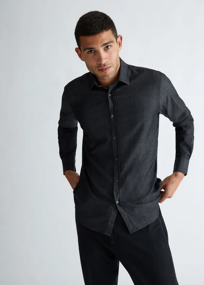 Men Liujo Shirts Grey Denim Shirt Asphalt