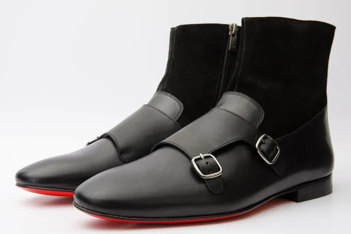 Men Preston Black Leather and Suede Double Monk Strap Ankle Boot Vinci Leather Boots