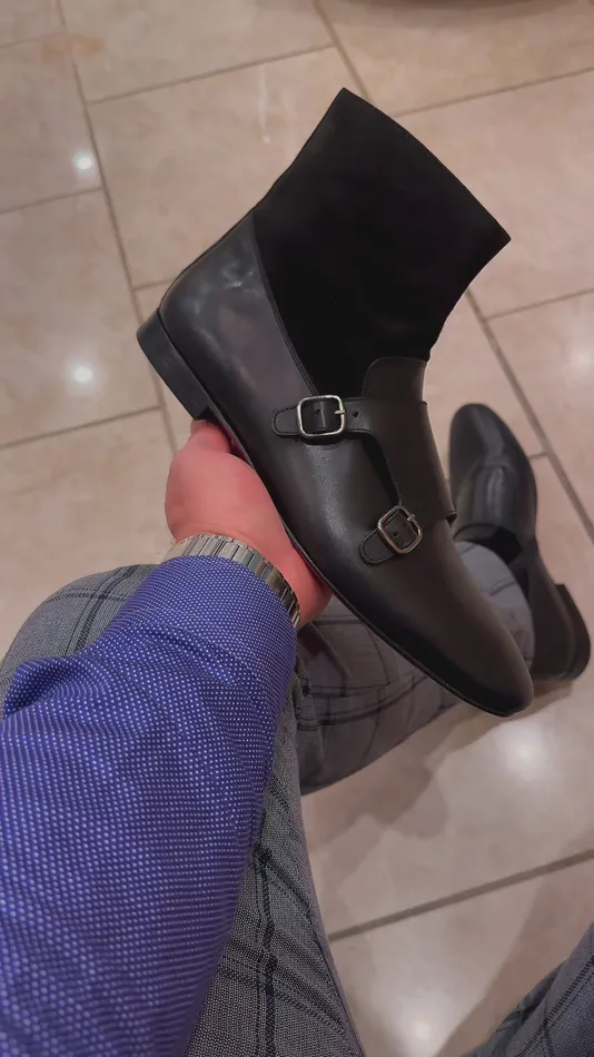 Men Preston Black Leather and Suede Double Monk Strap Ankle Boot Vinci Leather Boots