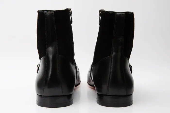 Men Preston Black Leather and Suede Double Monk Strap Ankle Boot Vinci Leather Boots