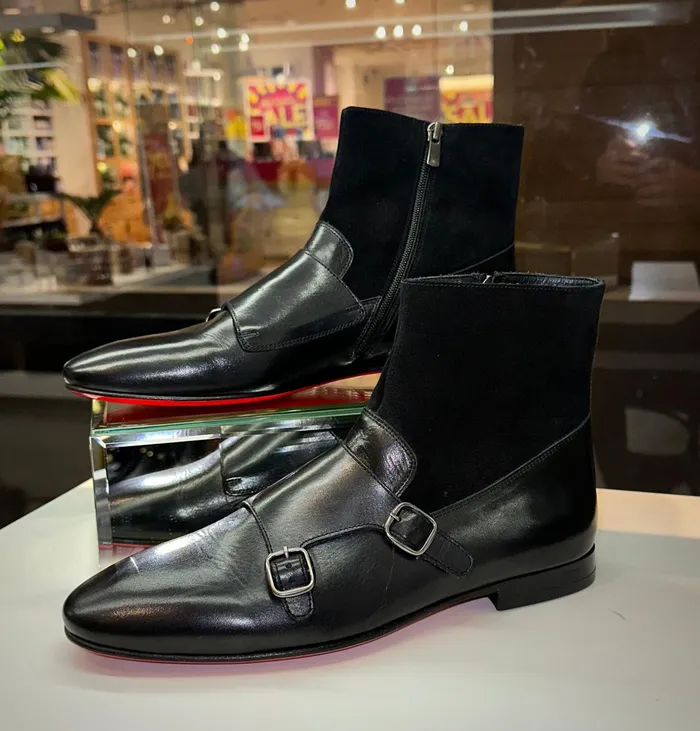 Men Preston Black Leather and Suede Double Monk Strap Ankle Boot Vinci Leather Boots