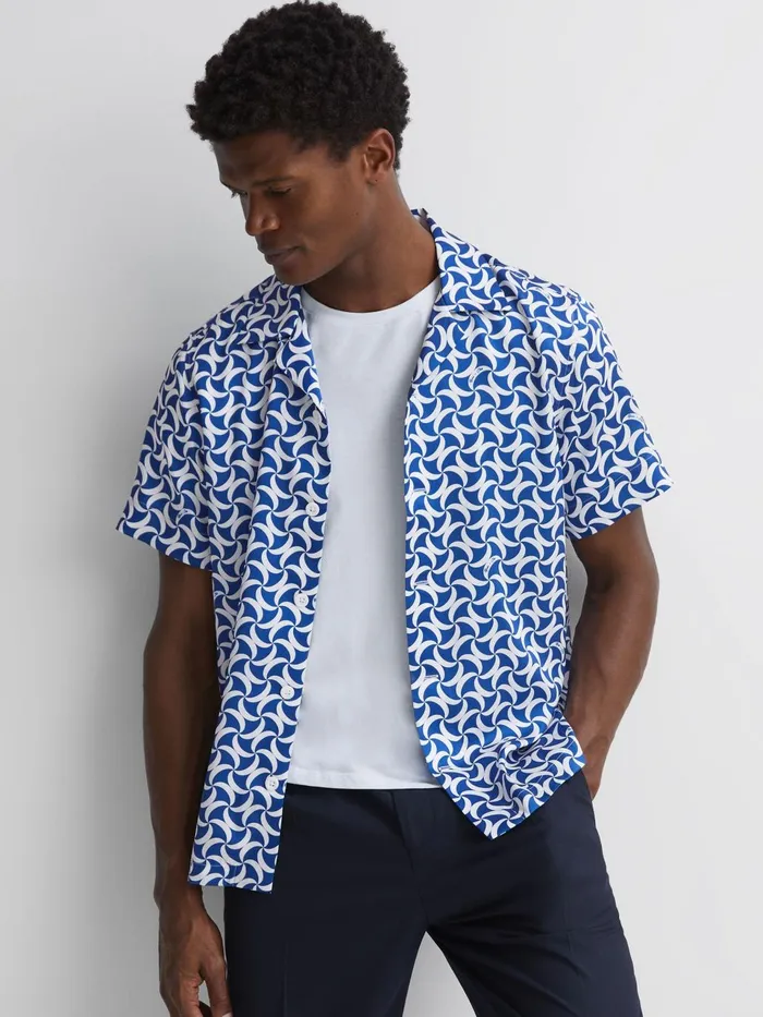 Men Raith Reiss Ch Printed Cuban Collar ButtonThrough Shirt Bright Bluewhite Reiss Shirts
