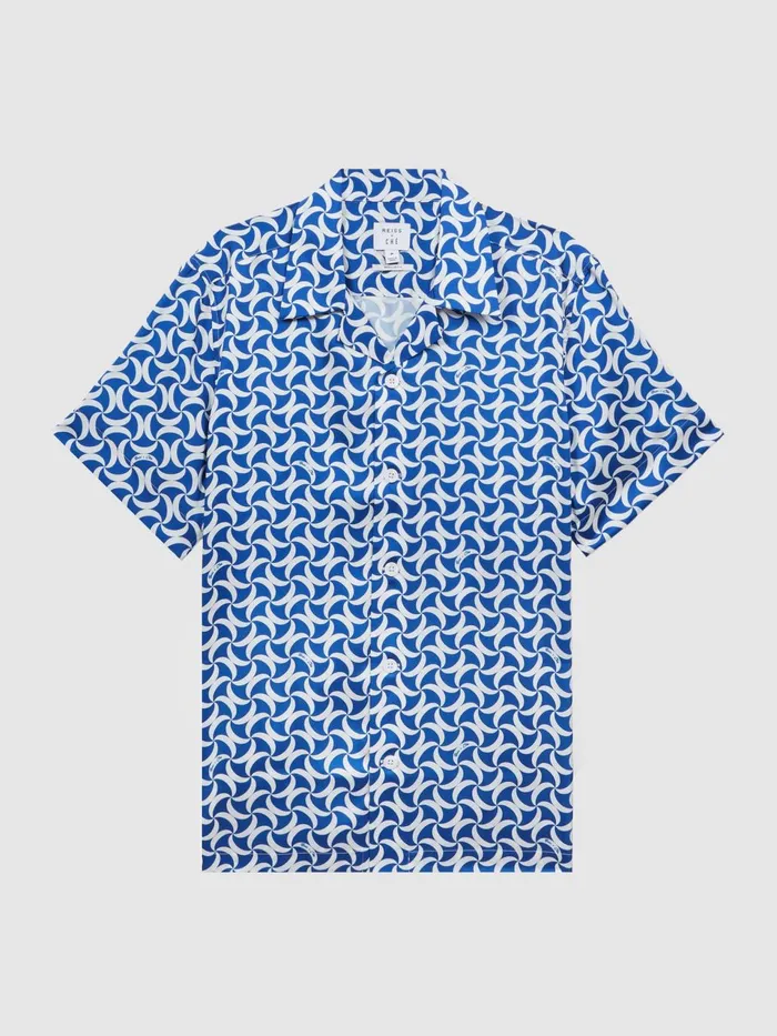 Men Raith Reiss Ch Printed Cuban Collar ButtonThrough Shirt Bright Bluewhite Reiss Shirts
