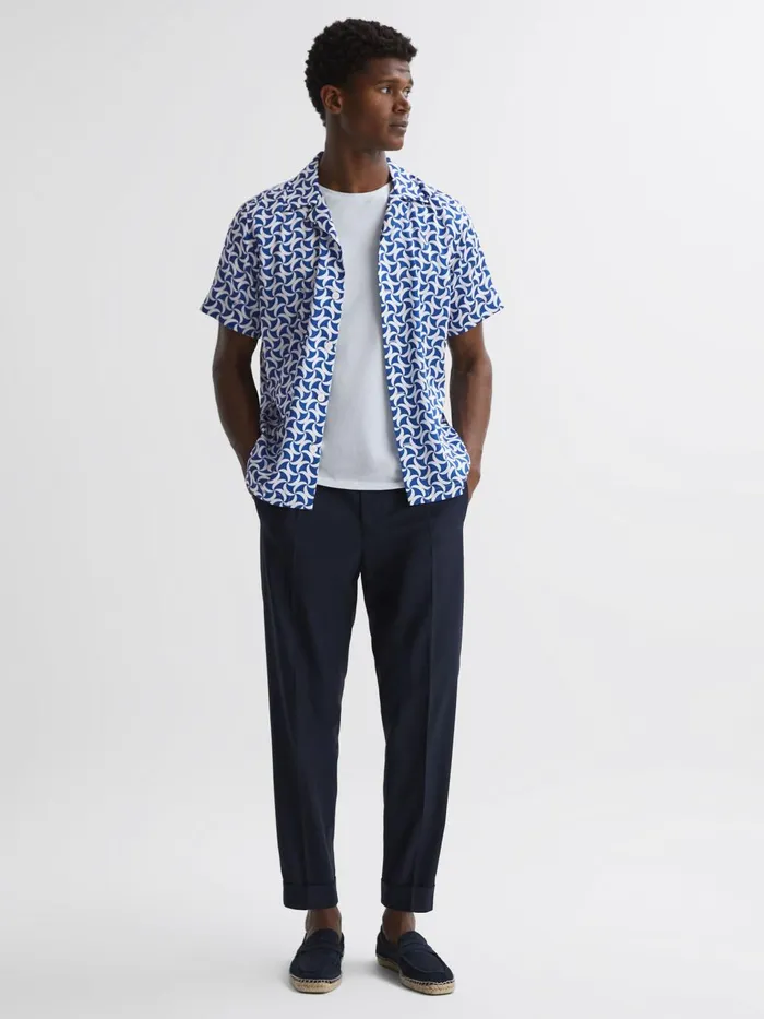 Men Raith Reiss Ch Printed Cuban Collar ButtonThrough Shirt Bright Bluewhite Reiss Shirts