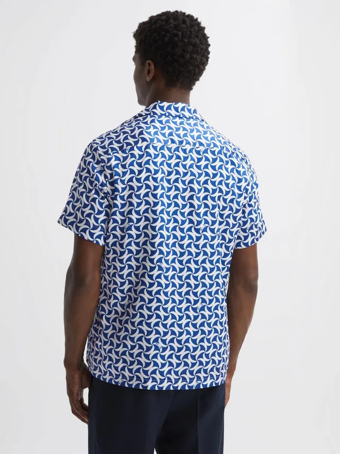 Men Raith Reiss Ch Printed Cuban Collar ButtonThrough Shirt Bright Bluewhite Reiss Shirts