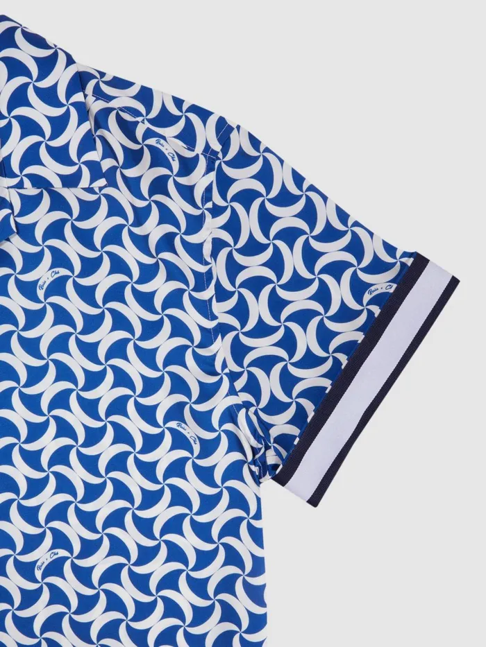 Men Raith Reiss Ch Printed Cuban Collar ButtonThrough Shirt Bright Bluewhite Reiss Shirts