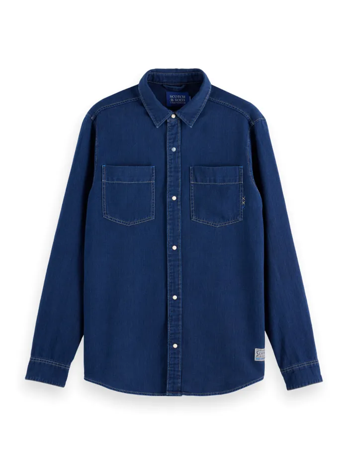 Men REGULAR FIT PREMIUM INDIGO TWILL WASHED SHIRT Indigo Scotch and Soda Shirts Men REGULAR FIT PREMIUM INDIGO TWILL WASHED SHIRT Indigo Scotch and Soda Shirts