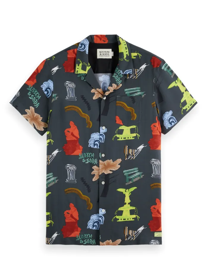 Men Regular Fit Short Sleeve AOP Viscose Shirt Park Green Aop Scotch and Soda TShirts and Polo Shirts