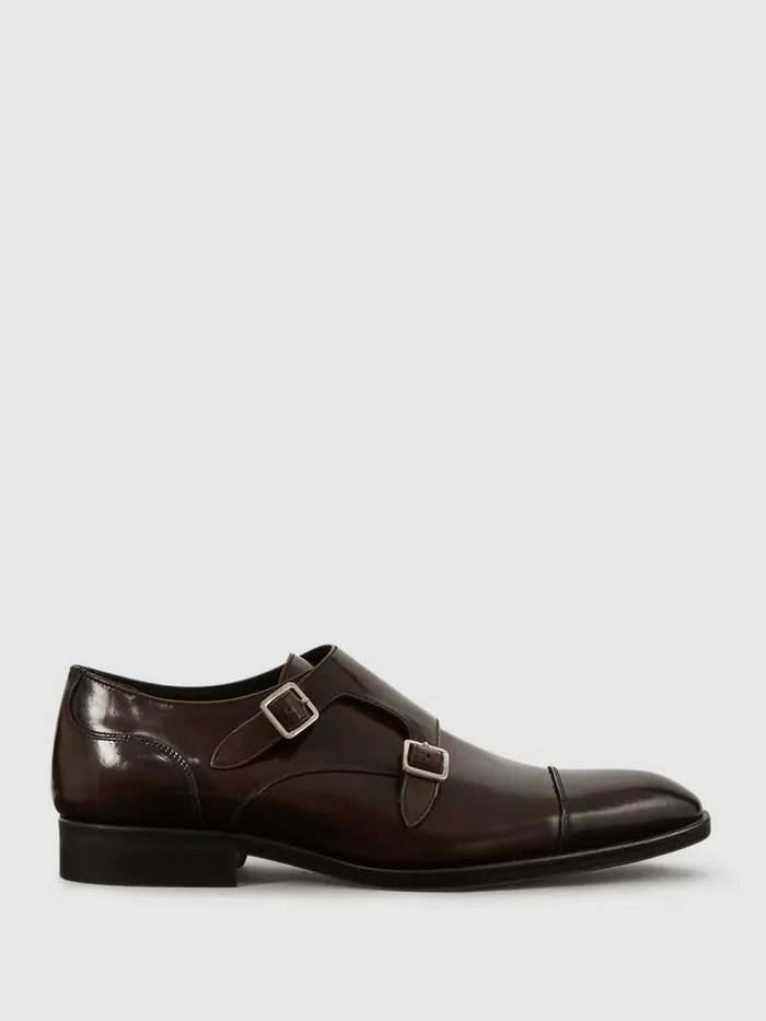Men Rivington Leather Monk Strap Shoes Black Reiss Formal Shoes
