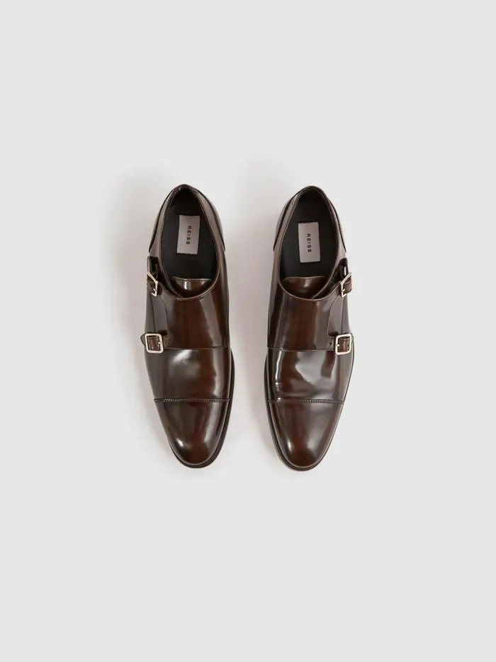 Men Rivington Leather Monk Strap Shoes Black Reiss Formal Shoes