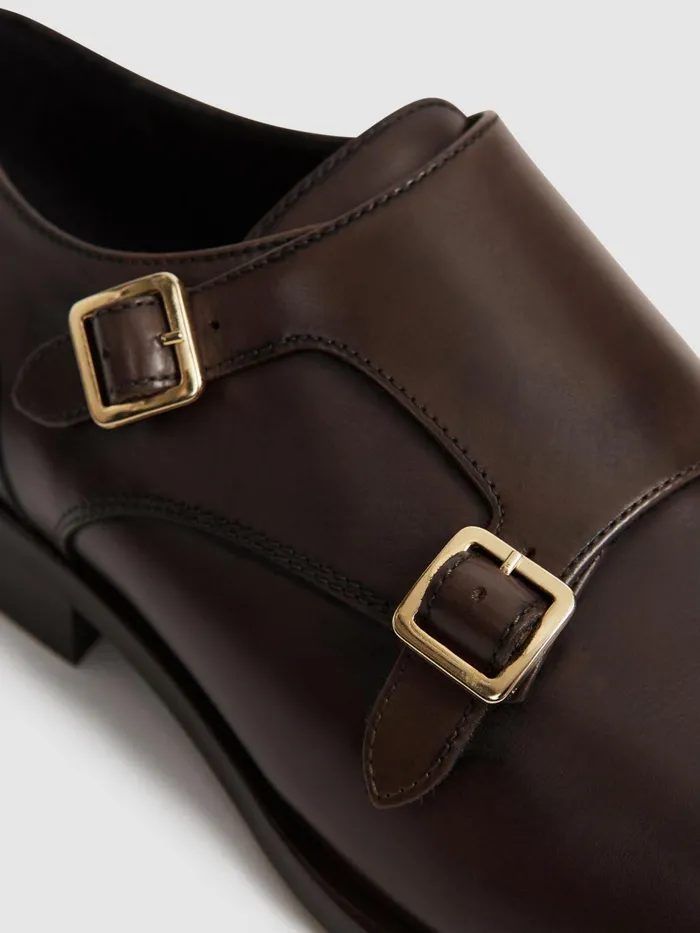 Men Rivington Leather Monk Strap Shoes Black Reiss Formal Shoes