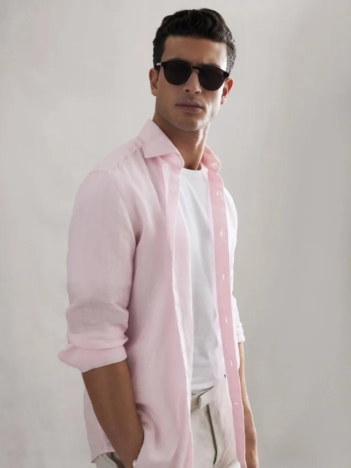 Men Ruban Linen Long Sleeve Shirt Soft Pink Reiss Shirts