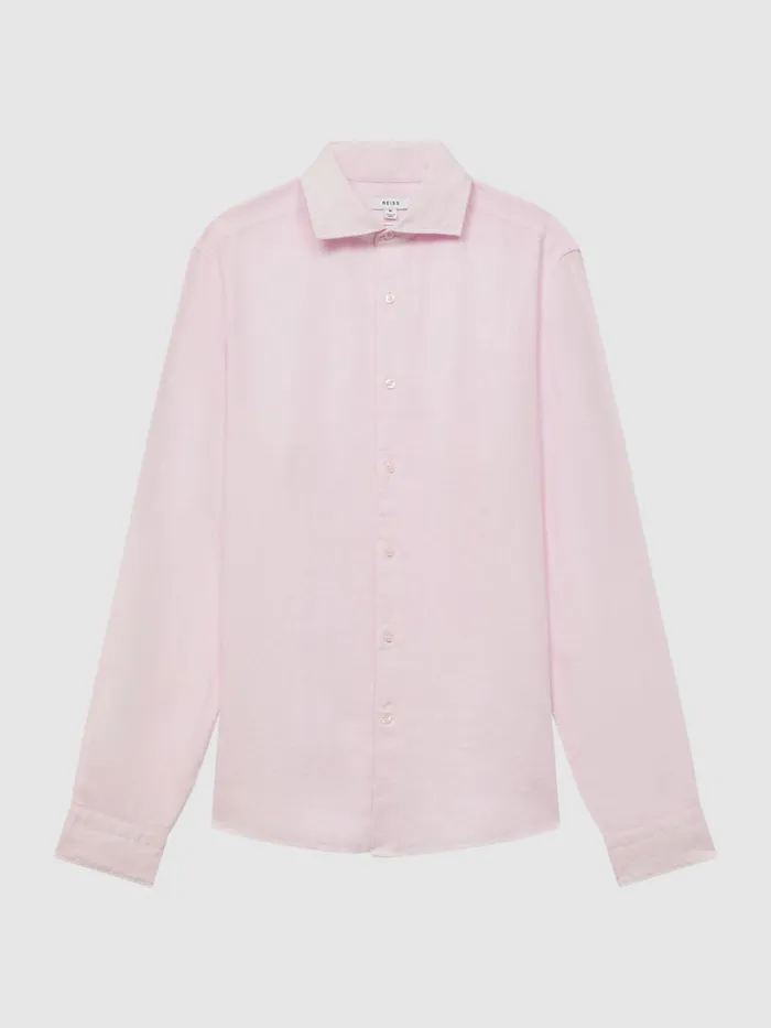 Men Ruban Linen Long Sleeve Shirt Soft Pink Reiss Shirts
