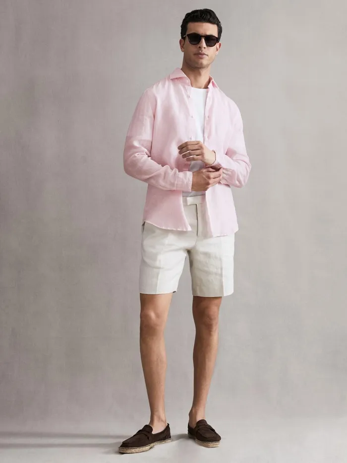 Men Ruban Linen Long Sleeve Shirt Soft Pink Reiss Shirts